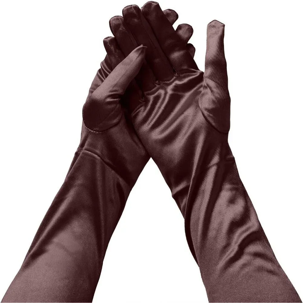 Women's Brown Long Satin Opera Fabric Gloves Party Tea Stretchy Elbow Length